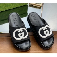 Luxury Gucci Rubber Platform Slide Sandals with Interlocking G Black 719005