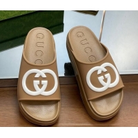 Unique Style Gucci Rubber Platform Slide Sandals with Interlocking G Apricot 719007