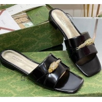 Grade Quality Gucci Patent Leather Flat Slide Sandals with Tiger Head Hardware Black 719010 