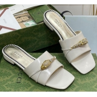 Purchase Gucci Patent Leather Flat Slide Sandals with Tiger Head Hardware White 719011