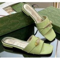 Best Grade Gucci Patent Leather Flat Slide Sandals with Tiger Head Hardware Green 719012