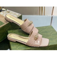 Low Cost Gucci Patent Leather Flat Slide Sandals with Tiger Head Hardware Pale Pink 719014