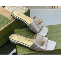 Pretty Style Gucci Patent Leather Flat Slide Sandals with Tiger Head Hardware Silver 719016