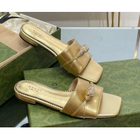 Durable Gucci Patent Leather Flat Slide Sandals with Tiger Head Hardware Gold 719017