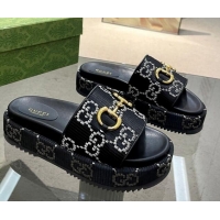 Pretty Style Gucci Horsebit Platform Slide Sandals 5.5cm in GG Jacquard Black 719036