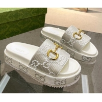 Best Product Gucci Horsebit Platform Slide Sandals 5.5cm in GG Jacquard White 719037