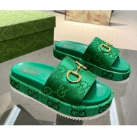 Shop Duplicate Gucci Horsebit Platform Slide Sandals 5.5cm in GG Jacquard Green 719039