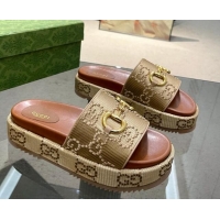 Good Looking Gucci Horsebit Platform Slide Sandals 5.5cm in GG Jacquard Khaki 719040