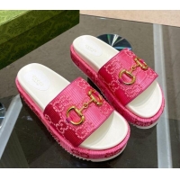 Good Product Gucci Horsebit Platform Slide Sandals 5.5cm in GG Jacquard Pink 719041