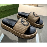 Most Popular Gucci Raffia Straw Platform Slide Sandals 5.5cm with Interlocking G Khaki 719045