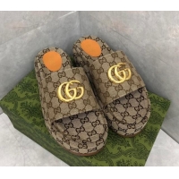 Good Quality Gucci GG Canvas Platform Slide Sandals with GG Beige 724086