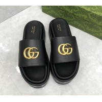 Popular Style Gucci Leather Platform Slide Sandals with GG Black 724090