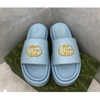 Big Discount Gucci Leather Platform Slide Sandals with GG Light Blue 724093