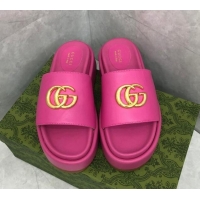 Unique Discount Gucci Leather Platform Slide Sandals with GG Dark Pink 724094