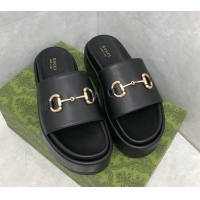 Grade Quality Gucci Leather Platform Slide Sandals with Horsebit Black 724097