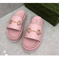 Best Grade Gucci Leather Platform Slide Sandals with Horsebit Light Pink 724098