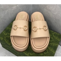 Low Price Gucci Leather Platform Slide Sandals with Horsebit Beige 724099