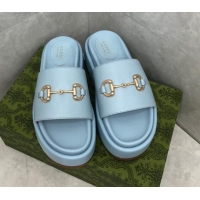 Discount Gucci Leather Platform Slide Sandals with Horsebit Light Blue 724100