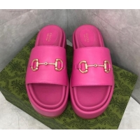 Lowest Price Gucci Leather Platform Slide Sandals with Horsebit Dark Pink 724101