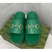 Best Price Gucci Leather Platform Slide Sandals with Horsebit Green 724102