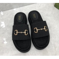 Best Price Gucci GG Canvas Platform Slide Sandals with Horsebit Black 724105