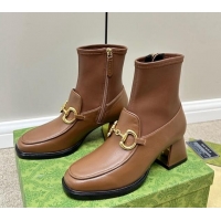 Unique Style Gucci Leather Short Boots with Horsebit 5.5cm Brown 724112