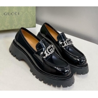 Lower Price Gucci Lug Sole Loafers with Interlocking G and Chain Black 724118