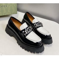 Best Grade Gucci Lug Sole Loafers with Interlocking G and Chain Black/White 724119