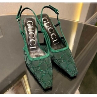 Luxurious Gucci Crystal GG Mesh and Suede Slingback Pumps 7.5cm Green 724124