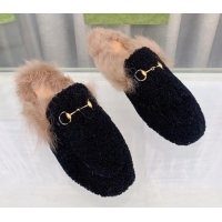 Popular Style Gucci Shearling Flat Slipper Black 728014