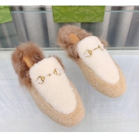 Top Design Gucci Shearling Flat Slipper White/Beige 728016