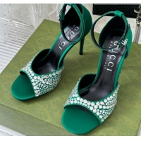 Well Crafted Gucci Heel Sandals with Crystals in Satin 7.5cm Emerald Green 081006