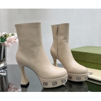 Stylish Gucci Leather Platform Ankle Boots 14cm with GG Studs Beige 081003