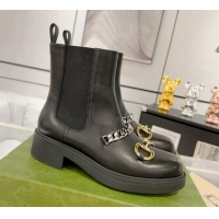 Top Design Gucci Leather Ankle Boots with Horsebit and Chain Black 0814020