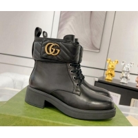 Good Product Gucci Leather Lace-up Ankle Boots with Double G Black 0814022