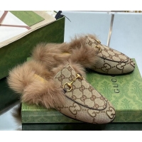 Best Product Gucci Jumbo GG Canvas and Wool Princetown Slippers Beige 821002