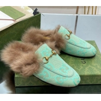 Pretty Style Gucci Jumbo GG Canvas and Wool Princetown Slippers Light Green 821003