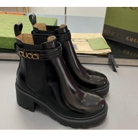 Lowest Price Gucci Leather Mid-Heel Ankle Boots 6cm with Logo Black 0821011