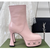 Luxury Discount Gucci Leather Platform Ankle Boots 12cm with GG Studs Light Pink 821014