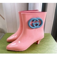 Luxury Gucci Rubber Interlocking G Heel Ankle Boots 5cm Light Pink 821015