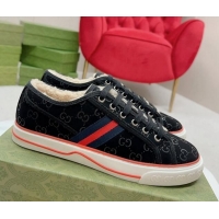 Low Cost Gucci Tennis 1977 Low-top Sneakers in GG Canvas and Teddy Fur Black 831077