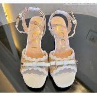 Big Discount Gucci GG Raffia Straw Heeled Sandals 8cm with Bow and Wave Trim White 901069