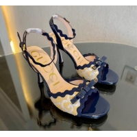 Buy Fashionable Gucci GG Raffia Straw Heeled Sandals 8cm with Bow and Wave Trim Navy Blue 901070