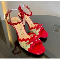 Good Quality Gucci GG Raffia Straw Heeled Sandals 8cm with Bow and Wave Trim Red/Green 901073