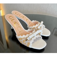 Stylish Gucci GG Raffia Straw Heeled Slide Sandals 6cm with Bow and Wave Trim White 901075