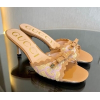 Luxurious Gucci GG Raffia Straw Heeled Slide Sandals 6cm with Bow and Wave Trim Light Brown 901077