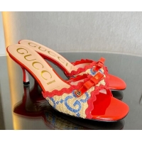 Discount Gucci GG Raffia Straw Heeled Slide Sandals 6cm with Bow and Wave Trim Red/Blue 901078