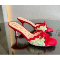 Inexpensive Gucci GG Raffia Straw Heeled Slide Sandals 6cm with Bow and Wave Trim Red/Green 901079