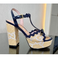 Perfect Gucci GG Raffia Straw Platform Sandals 12cm with Bow and Wave Trim Navy Blue 901082