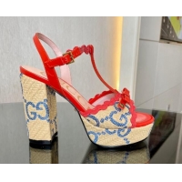 Top Design Gucci GG Raffia Straw Platform Sandals 12cm with Bow and Wave Trim Red/Blue 901085